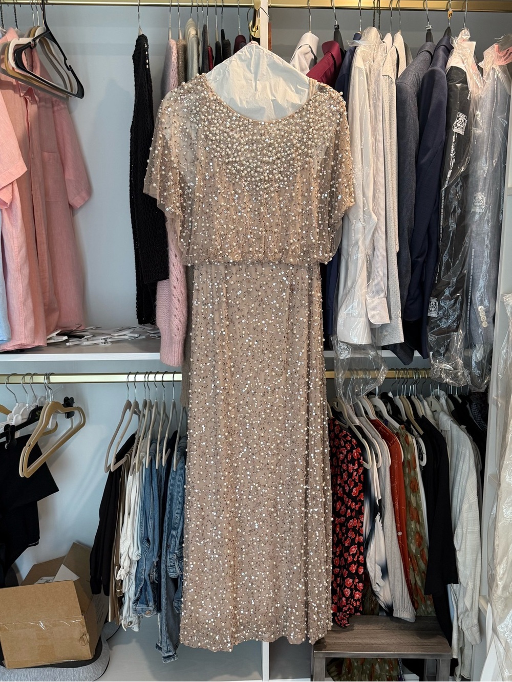 Mac Duggal Champagne Sequin Midi Dress
